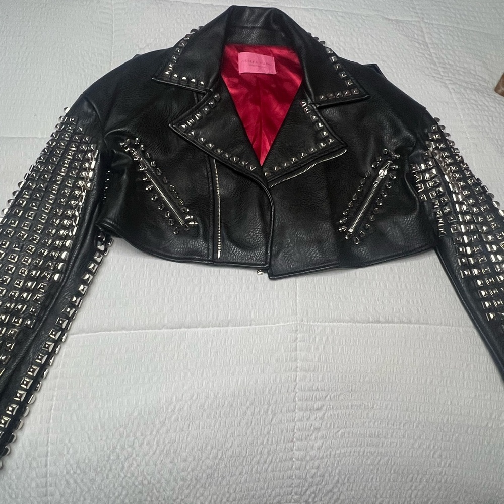 Azalea Wang Studded Black Leather Jacket with Silver Accents